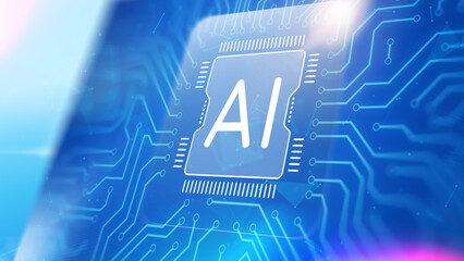 Microchip with AI symbols on a blue circuit board