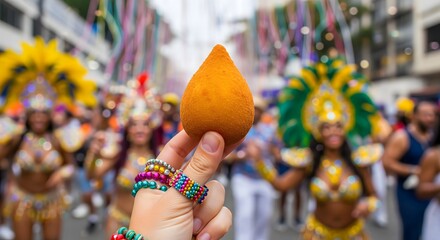 Hand holding traditional Coxinha snack during Rio Carnival street parade