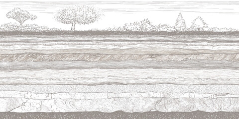 Engraved cross section of geological strata with trees and vegetation on the surface illustrating earth science and natural history with detailed line work and varied rock layers © Towhidul