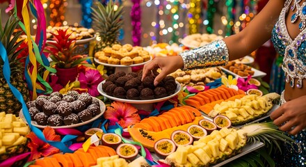 Samba dancer hand picking Brigadeiro from tropical fruit buffet at Carnival