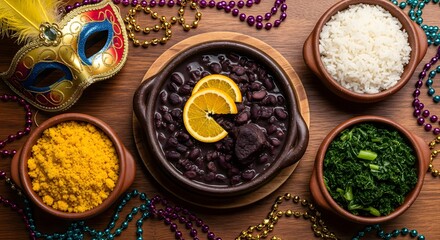 Brazilian Feijoada black bean stew with carnival mask and beads on wooden table