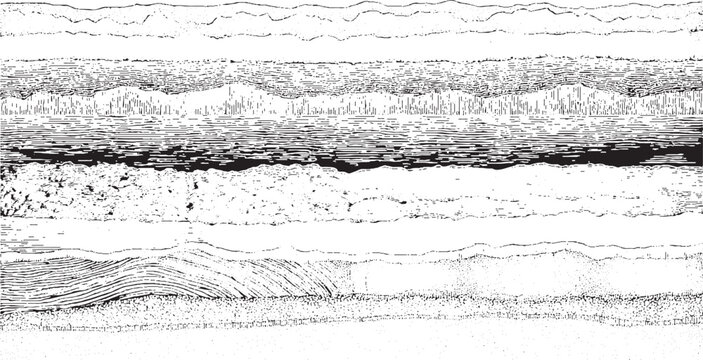 Detailed abstract of geological strata layers with diverse textures and patterns including stippling hatching and wavy lines representing earth layers and subterranean formations