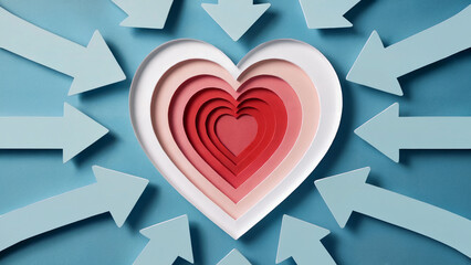 A creative paper cutout of a layered heart surrounded by arrows on a blue background