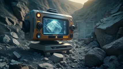 Futuristic camera equipment in a rocky terrain with a digital screen displaying a 3D model. - Powered by Adobe