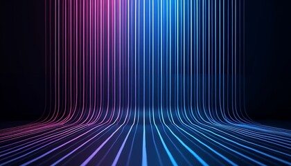 Curved neon light trails in vibrant purple and blue colors forming a tunnel