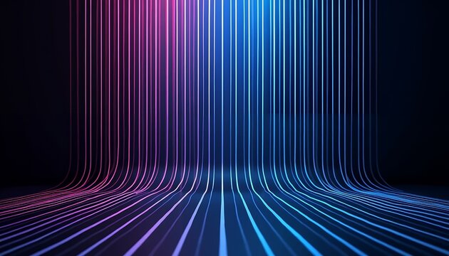 Curved neon light trails in vibrant purple and blue colors forming a tunnel - Powered by Adobe