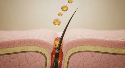 Advanced hair repair treatment: Serum drops penetrating the hair follicle structure, visualizing deep nourishment for strong, healthy hair growth.