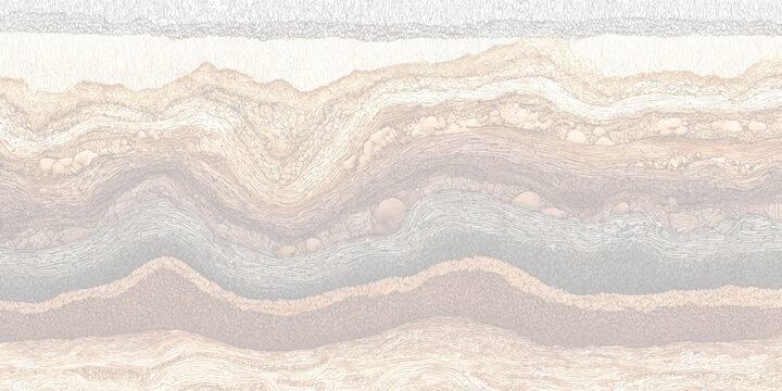 Detailed geological cross section showcasing multiple distinct layers of soil sediment and rock with embedded pebbles and fine line textures in warm earth tones