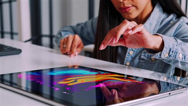 designer using touchscreen tablet to paint neon strokes and gestures with fingers closeup on hands and reflective surface, vivid color palette on display, casual studio setting, playful