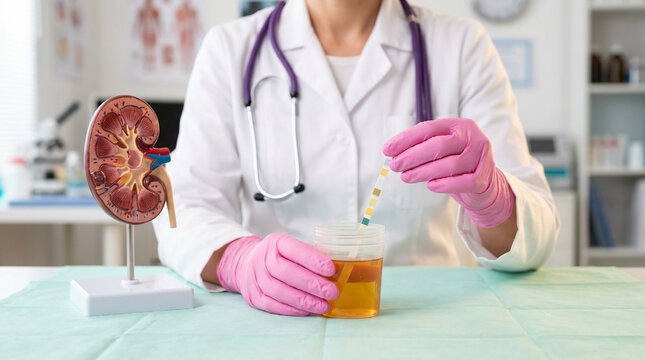 Medical professional in pink gloves performs urinalysis with a test strip and urine sample, next to an anatomical kidney model, for health diagnostics