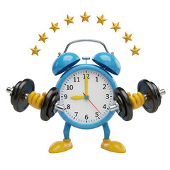 3d rendered alarm clock lifting weights