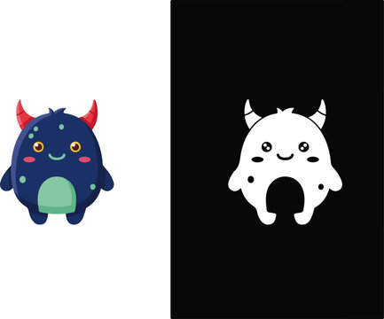 Side-by-side illustration of a blue monster with red horns on a white background and a white ghost with black spots on a black background.