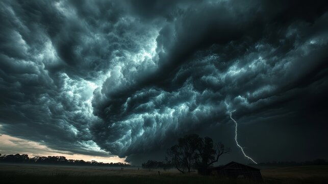 Dramatic low-angle shot of charcoal storm clouds with visible internal lightning illumination, torrential sheets of rain descending across entire frame, distant silhouettes of bent trees, water level