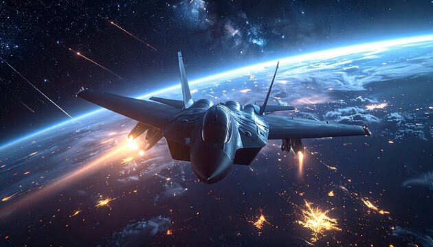 A sleek fighter jet flies through space near Earth