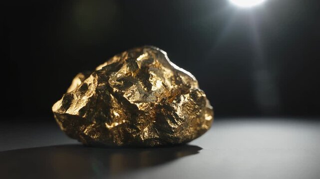 A large gold nugget on a dark reflective surface with a spotlight shining down.