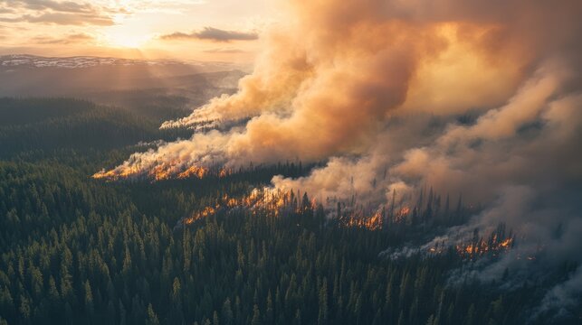 Aerial view of extensive wildfire front advancing through drought-stricken forest, massive smoke plumes forming pyrocumulus clouds, visible carbon emissions rising into stratosphere, distant healthy