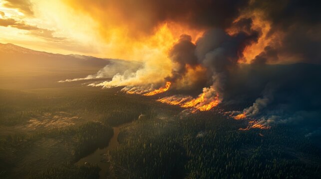 Aerial view of extensive wildfire front advancing through drought-stricken forest, massive smoke plumes forming pyrocumulus clouds, visible carbon emissions rising into stratosphere, distant healthy