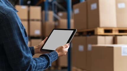 Efficient warehouse operations worker managing inventory with digital tablet for logistics optimization.
