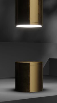 The circular platform on the dark geometric background. Animated mock up for product, cosmetic presentation. Pedestal or platform for beauty products. Empty scene, stage.