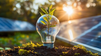 Fototapeta premium Macro photography of transparent lightbulb terrarium with young sapling emerging from dark soil base, filament transformed into irrigation system, sunlight creating rainbow refraction through glass,