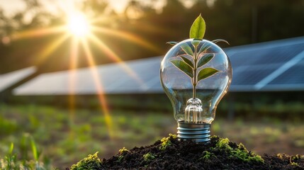 Fototapeta premium Macro photography of transparent lightbulb terrarium with young sapling emerging from dark soil base, filament transformed into irrigation system, sunlight creating rainbow refraction through glass,