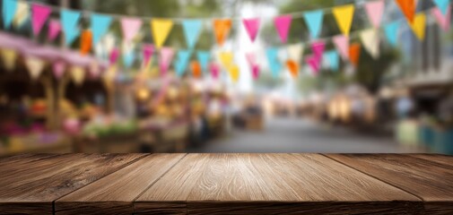 The Wooden Table in Front of a Colorful Outdoor Market with Bunting and Stalls
