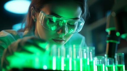 Dramatic lighting on female scientist's concentrated face as she precisely measures green bioluminescent chemical into test tube rack, laboratory glow reflecting off protective goggles, vapor rising