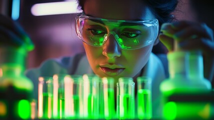 Dramatic lighting on female scientist's concentrated face as she precisely measures green bioluminescent chemical into test tube rack, laboratory glow reflecting off protective goggles, vapor rising