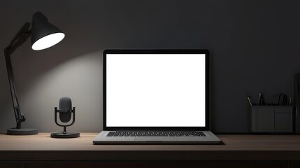 Sleek laptop computer displayed on elegant wooden desk in contemporary home office environment for productivity.