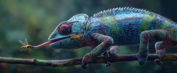 The Chameleon Extending Its Tongue to Catch a Wasp on a Branch