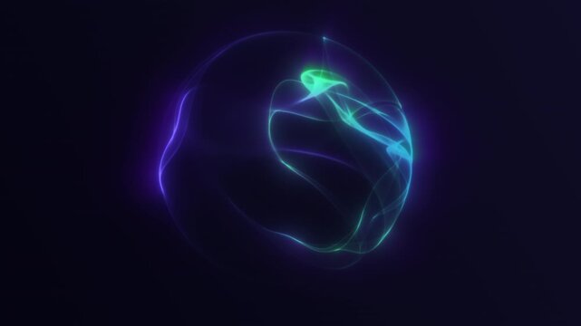 Glowing abstract energy sphere that smoothly appears from darkness and dissolves back, seamless loop illusion. Futuristic digital orb with soft particles for sci-fi backgrounds and VJ visuals.