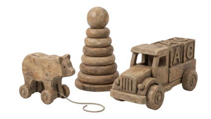 Rustic Wooden Toys A Bear Toy Stacker And ABC Toy Truck Isolated On Black