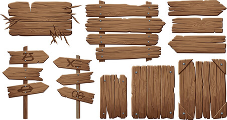 Rustic Wooden Signboard and Plank Collection Featuring Arrow Signs, Old Boards, and Nailed Wood Panels for Vintage, Game, and Outdoor Design © MbBasir