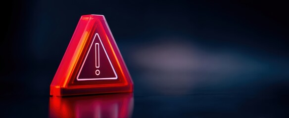The warning triangle with glowing exclamation symbol signaling danger on reflective surface
