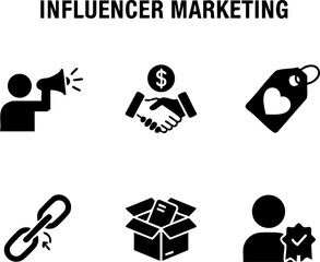 Fototapeta premium Set of 6 Minimal Influencer Marketing Icons Isolated White Background Sponsorship Unboxing
