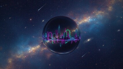 Futuristic neon city skyline encased within a cosmic orb floating amidst distant galaxies