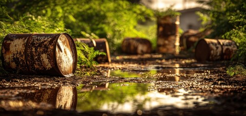 The Rusted Barrel in an Overgrown Abandoned Industrial Landscape Reflected in Murky Puddles