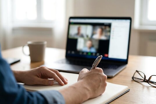 Man hand writing in notebook while attending virtual video call on laptop. Online learning or remote work concept for conference or webinar.