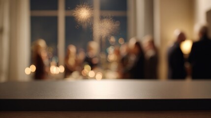 A cozy gathering with blurred figures celebrating, featuring sparkling fireworks in the background, creating a festive atmosphere.