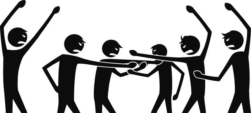 Angry stick figures engaging in a heated confrontation amidst a monochromatic crowd symbolizing social conflict and passionate disagreement among people.