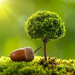 A small tree next to an acorn on green grass