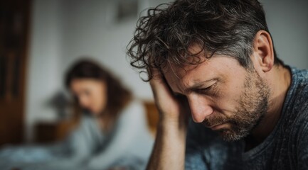 Obraz premium A distressed man sits with his head in his hand, indicating emotional turmoil, while a woman appears in the background, suggesting tension in their relationship.