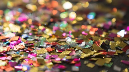 A vibrant collection of colorful glitter pieces scattered across a surface, reflecting light and creating a festive atmosphere.