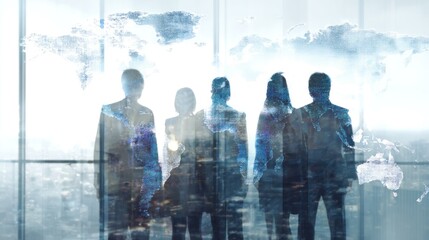 Silhouetted figures stand against a digital world map, symbolizing global business and connectivity in a modern office environment.