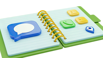 3D icons of communication and location apps on a notepad