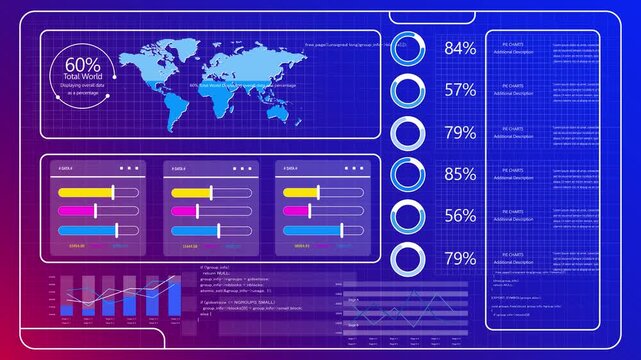 A high-tech business analytics screen visualizes real-time charts and percentages, supporting accurate performance evaluation, forecasting, and data-centric business management.