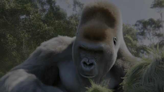 Close-up of silverback gorilla eating grass