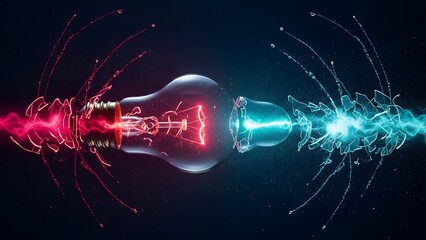 Light bulbs with red and blue electricity exploding explosion