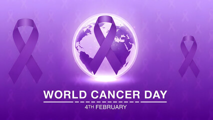 World cancer day with purple ribbons and globe on purple background