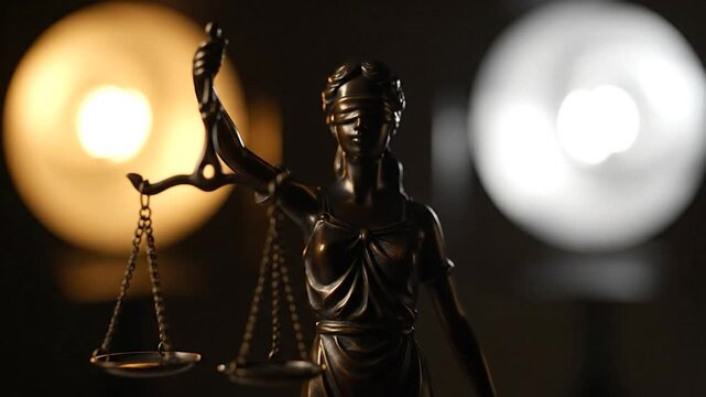 Blindfolded Justice statue holding scales, illuminated by soft, blurred lights